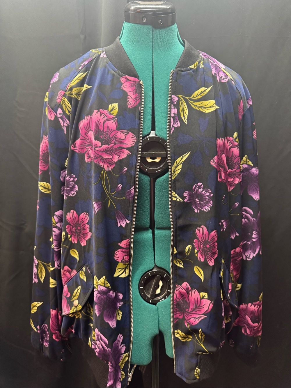 Susan Graver Navy Bomber with Pink Floral Print